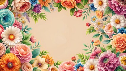 Floral pattern with colorful flowers on peach fuzz background, abstract, spring, creative, wallpaper, vibrant, bloom, petal