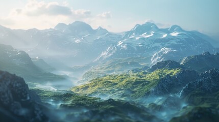 Naklejka premium Misty Mountain Range with Snow-Capped Peaks