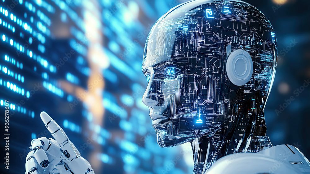 Poster a robot head with circuit board patterns and digital screens