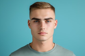 Fototapeta premium A studio close-up portrait of a young white man wearing a casual t-shirt, with a colourful background.