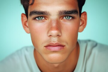 Fototapeta premium A studio close-up portrait of a young white man wearing a casual t-shirt, with a colourful background.