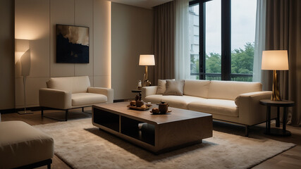 A designed living room, bathed in warm, inviting light, exudes sophistication and comfort.
