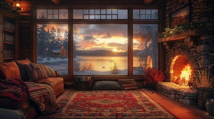 Obraz premium Cozy Cabin Interior Overlooking Peaceful Lake During Colorful Sunset in Winter