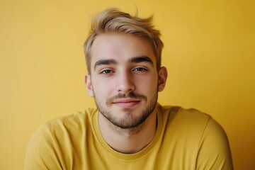 Fototapeta premium A studio close-up portrait of a young white man wearing a casual t-shirt, with a colourful background.