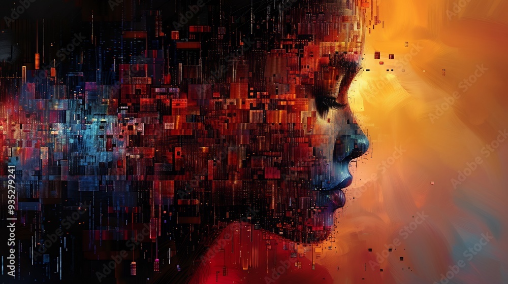 Aufkleber digital renaissance abstract collision of digital age classical art form glitchy pixel merge soft br