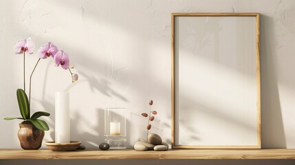 1. A minimalist modern room decorated with a sleek picture frame mockup on a wooden shelf against a pristine white wall, accompanied by a stylish decorative candle, elegant glassware, natural rocks,