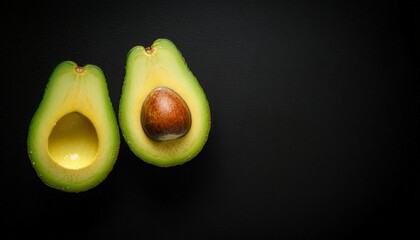 Halved Avocados on Black Background.