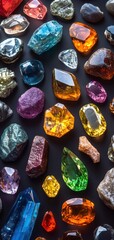 Obraz premium A vibrant collection of colorful gemstones showcasing their unique shapes and rich hues, perfect for jewelry or decor inspirations.