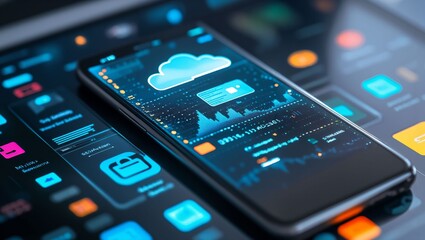 A futuristic digital workspace featuring a sleek smartphone displaying vibrant cloud data alongside an array of colorful app icons, showcasing technology's seamless integration into daily life.