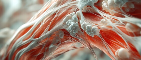 Abstract close-up of muscle fibers, showcasing intricate details and vibrant colors, ideal for medical or biological themes.