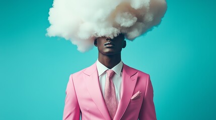 Stylish man in pink suit with a cloud over his head, symbolizing surrealism and creativity, against a blue background.