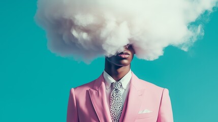 Unique image of a person in a pink suit with a cloud obscuring their head against a turquoise background.
