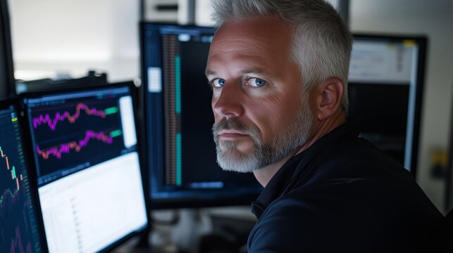 A focused stock trader monitoring live market data on multiple computer screens, highlighting financial analysis and stock trading.