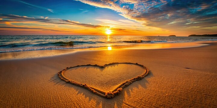 Heart shape made of sand on a romantic beach at sunset , St. Valentine's Day, romantic, heart, beach, sand, sunset