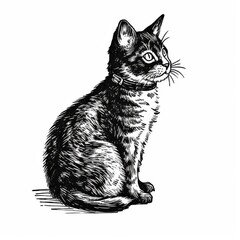 Detailed Black and White Cat Illustration - Classic Pet Drawing for Art Prints, Decor, and Stationery