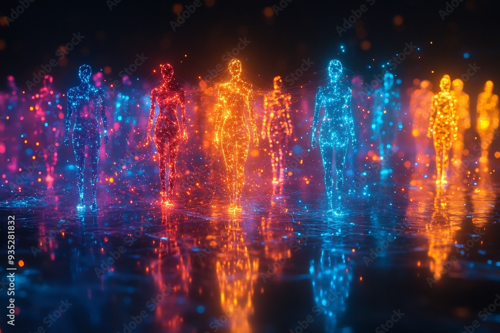 Poster diverse collaboration network abstract representation of diverse group of people connected glowing i