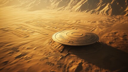 Aerial view of a UFO in a barren desert with mysterious, intricate patterns etched into the sand.