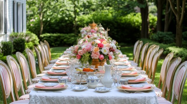A beautifully arranged outdoor dining table adorned with flowers, ready for a gathering.