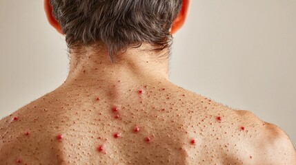 Naklejka premium A clear, high-quality photograph of a person's back showing a Monkeypox rash in its early stages. The image focuses on the small, red bumps that indicate the onset of the infection. The texture and