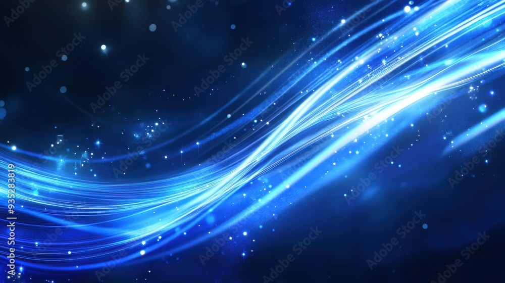 Poster a vibrant abstract background featuring flowing blue light trails and sparkling particles.