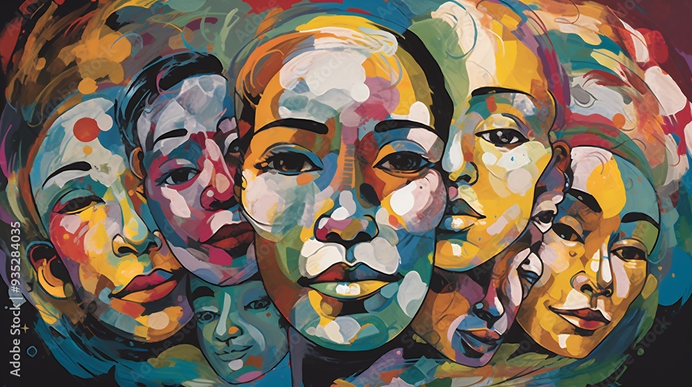 Poster diverse faces of innovation abstract collage of face different ethnicity culture each face blending 