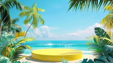 Fototapeta premium 1. Bright and vibrant summer sale poster with a yellow product display podium in the foreground, set against a tropical beach scene with palm trees, clear blue skies, and gentle ocean waves