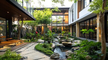 Naklejka premium Modern hotel with beautiful garden inside,Eco-friendly. 