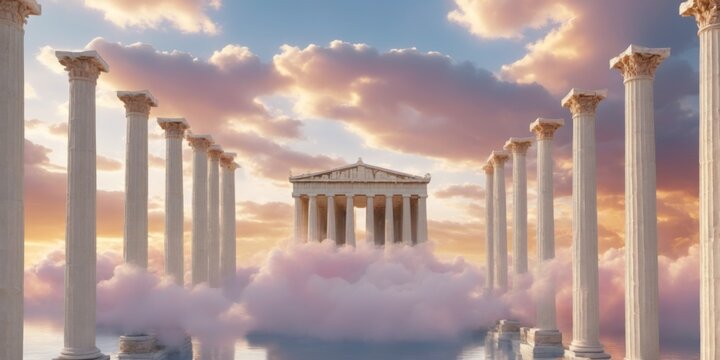Digital illustration of Parthenon temple in Athens, surrounded b