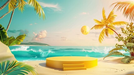 Obraz premium 5. Dynamic summer sale poster with a yellow podium for product showcase, positioned on a lively beach scene with swaying palm trees, clear ocean water, and a radiant sun illuminating the sky