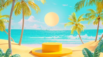 Fototapeta premium 5. Dynamic summer sale poster with a yellow podium for product showcase, positioned on a lively beach scene with swaying palm trees, clear ocean water, and a radiant sun illuminating the sky