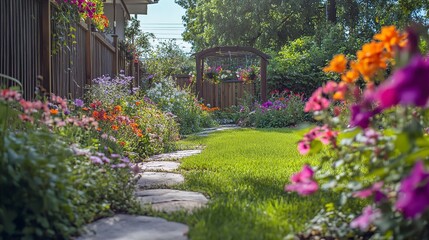 Fototapeta premium Lush backyard garden with vibrant flowers lush lawn stone path and wooden fence on a sunny day 