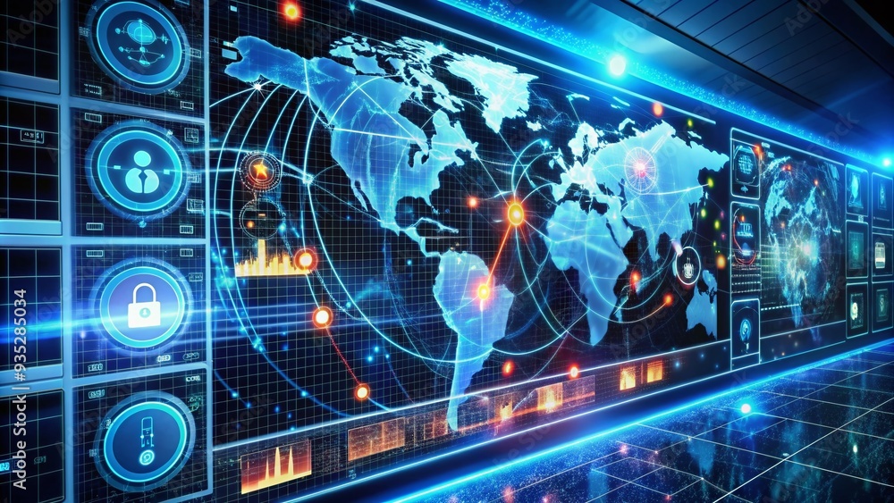 Poster a futuristic dashboard displays real-time network traffic, encryption codes, and firewall alerts, en