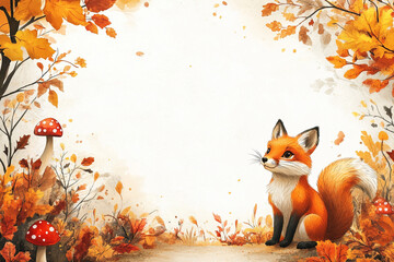 Atumn style wallpaper, white background with bright yellow decoration and large blank space in the center for text, Atumn patterns such as leaflets and mushroom , featured fox