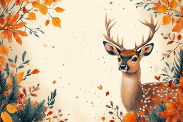 Atumn style wallpaper, white background with bright yellow decoration and large blank space in the center for text, Atumn patterns such as mapple tree and deer on both sides of the frame, mapple leaf