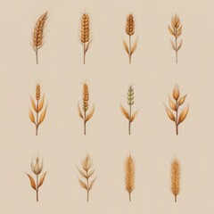 Nine Hand-Drawn Wheat Plant Illustrations in Various Styles on L