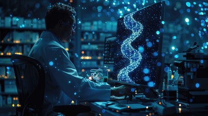 A scientist in a high-tech lab is intently analyzing data on a large, illuminated computer screen, working in an environment filled with sparkling and futuristic elements.