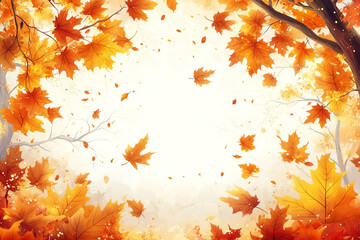 Atumn style wallpaper, white background with bright yellow decoration and large blank space in the center for text, Atumn patterns such as leaflets and mapple tree on both sides of the frame