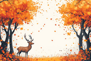 Atumn style wallpaper, white background with bright yellow decoration and large blank space in the center for text, Atumn patterns such as mapple tree and deer with mapple leaves