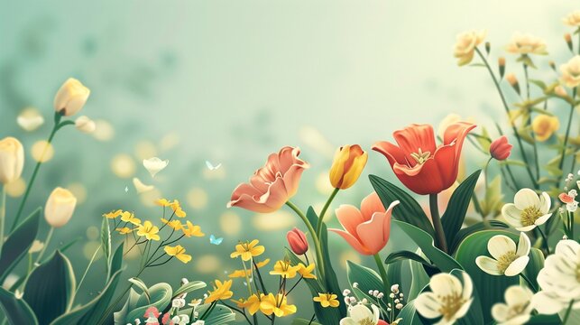 3. Charming template design for spring season sale, showcasing a detailed illustration of various flowers in full bloom, with a harmonious color palette and a soft, inviting background