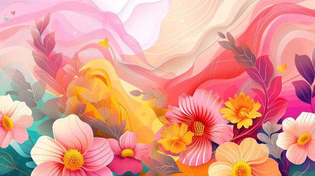 4. Captivating spring season sale banner template with an artistic arrangement of beautifully illustrated flowers, set against a cheerful and colorful background that evokes the joy of spring