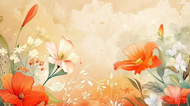3. Charming template design for spring season sale, showcasing a detailed illustration of various flowers in full bloom, with a harmonious color palette and a soft, inviting background