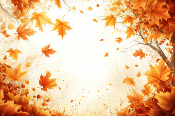 Atumn style wallpaper, white background with bright yellow decoration and large blank space in the center for text, Atumn patterns such as leaflets and mapple tree on both sides of the frame