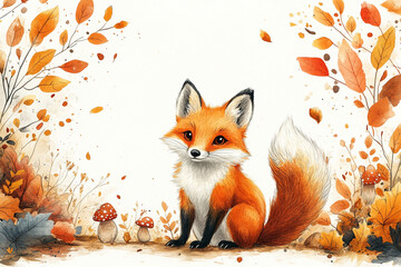 Atumn style wallpaper, white background with bright yellow decoration and large blank space in the center for text, Atumn patterns such as leaflets and mushroom , featured fox
