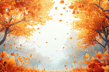 Atumn style wallpaper, white background with bright yellow decoration and large blank space in the center for text, Atumn patterns such as leaflets and mapple tree on both sides of the frame