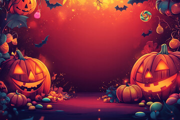 halloween background with pumpkins, dark red background with bright yellow decoration and large blank space in the center for text