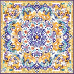 Ornate Floral Mandala in Vibrant Blue, Gold, and Purple