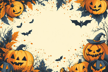 Halloween style wallpaper, white background with bright yellow decoration and large blank space in the center for text, Halloween patterns such as pumpkins and bats on both sides of the frame