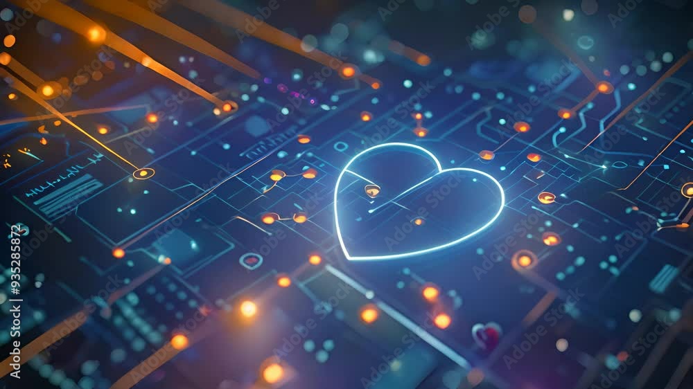 Poster a glowing heart symbol appears against a network of circuits, showcasing the integration of technolo