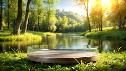 Obraz premium Empty Glass Podium in a Natural Setting for Product Display. Perfect for: Eco-friendly product launches, Earth Day, Nature exhibitions