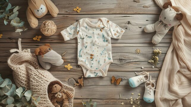 5. Detailed flatlay presentation of a baby romper mockup, set on a wooden background, surrounded by coordinated baby items like a blanket, booties, and a soft toy, creating a warm and appealing visual